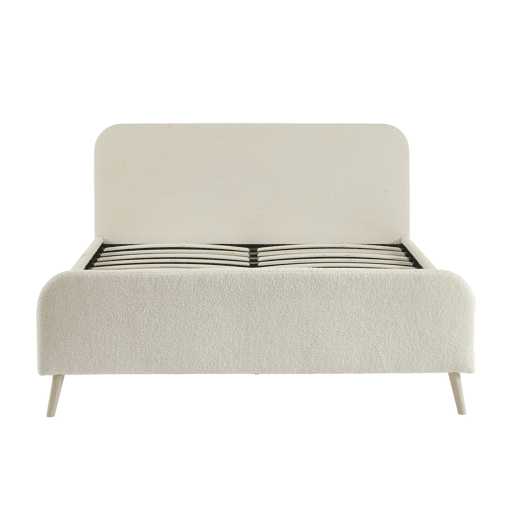 Cama com sommier e cabeceira acolchoada em boucle, 160cm, Finn, Creme, 214x169x102 cm