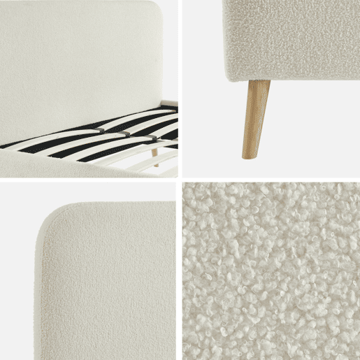 Cama com sommier e cabeceira acolchoada em boucle, 160cm, Finn, Creme, 214x169x102 cm