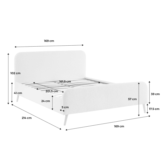 Cama com sommier e cabeceira acolchoada em boucle, 160cm, Finn, Creme, 214x169x102 cm