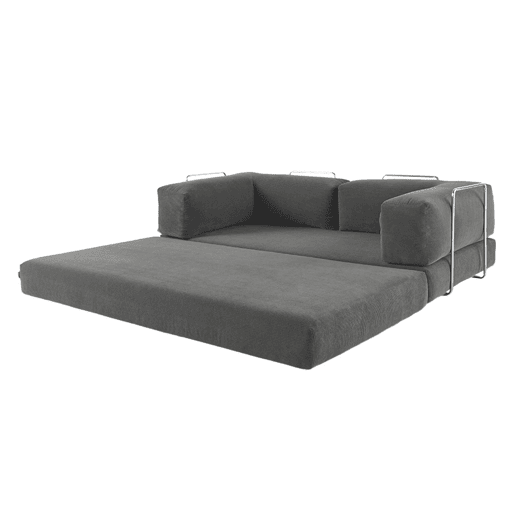 Sofá cama futon conversível em veludo canelado e estrutura cromada, 3 lugares, Seventies, Cinza, 200x100x72 cm