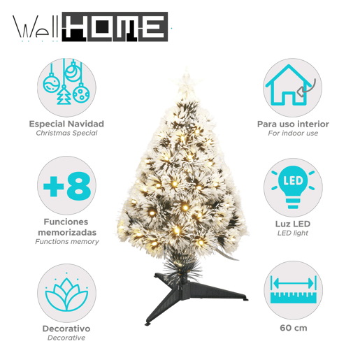 Árvore de Natal de fibra ótica com 60 luzes LED brancas quentes e 8 funções.