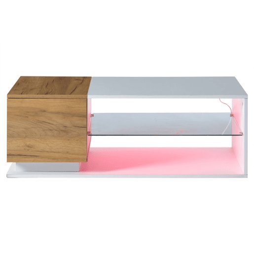 Mesa de café LED 105x50x36cm - Mesa de sala com iluminação LED, mesa com arrumação - Branco + Natural