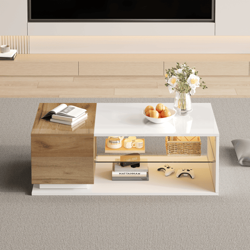 Mesa de café LED 105x50x36cm - Mesa de sala com iluminação LED, mesa com arrumação - Branco + Natural
