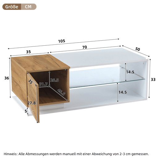 Mesa de café LED 105x50x36cm - Mesa de sala com iluminação LED, mesa com arrumação - Branco + Natural