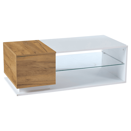 Mesa de café LED 105x50x36cm - Mesa de sala com iluminação LED, mesa com arrumação - Branco + Natural