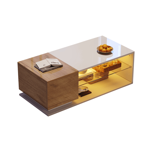 Mesa de café LED 105x50x36cm - Mesa de sala com iluminação LED, mesa com arrumação - Branco + Natural