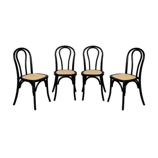 Cadeira vintage de madeira e rattan, set de 4, Bastille, Preto, 48x49.5x90 cm