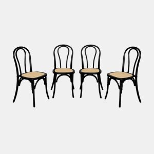 Cadeira vintage de madeira e rattan, set de 4, Bastille, Preto, 48x49.5x90 cm