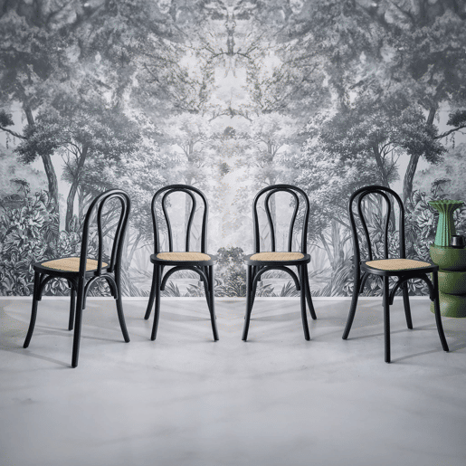 Cadeira vintage de madeira e rattan, set de 4, Bastille, Preto, 48x49.5x90 cm