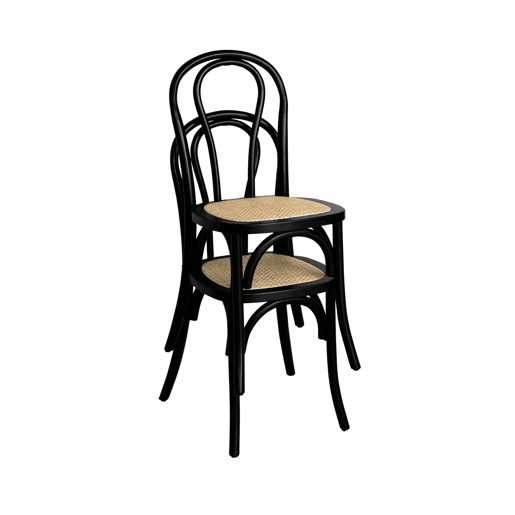 Cadeira vintage de madeira e rattan, set de 4, Bastille, Preto, 48x49.5x90 cm