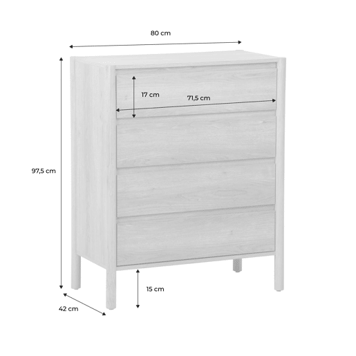 Cômoda em decorativa de madeira de 4 gavetas, Harmony, Madeira de nogueira, 80x42x98 cm