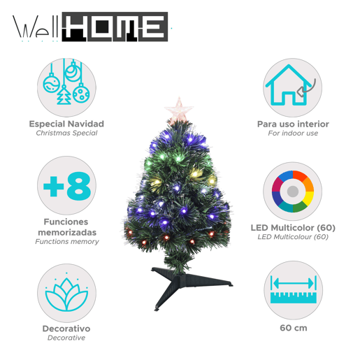 Árvore de Natal de fibra ótica com 60 luzes LED brancas quentes e 8 funções.