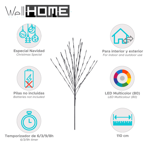 Árvore artificial Well Home com 80 luzes LED e temporizador.