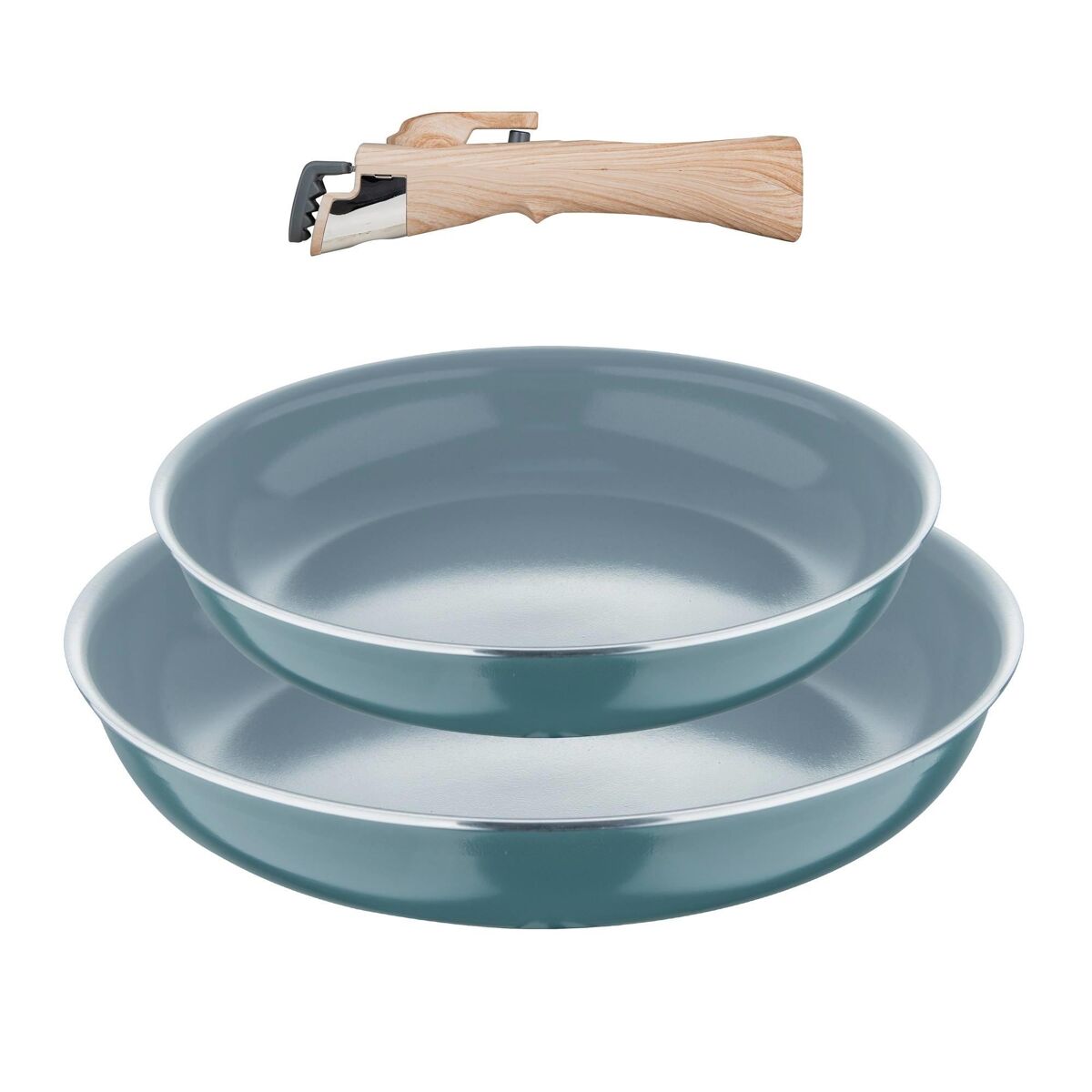 Bergner click&cook juego de 2 sartenes ø22cm y ø26cm + mango extraíble efecto madera en aluminio prensado