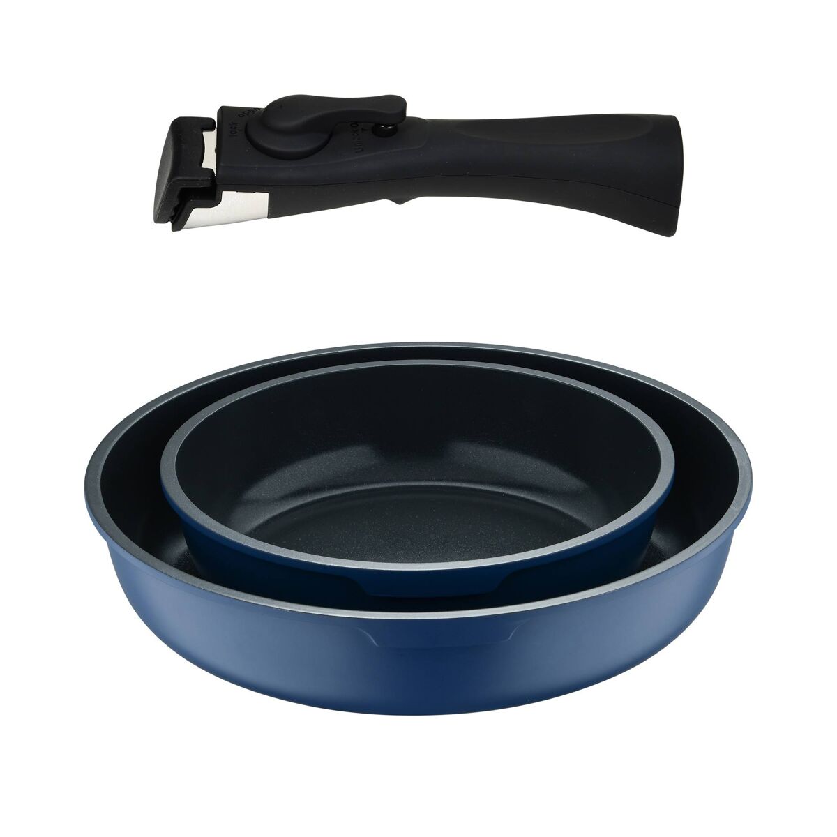 Bergner click&cook juego de 2 sartenes ø22ø26cm aluminio fundido azul + mango desmontable
