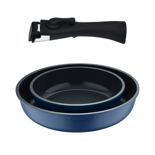 Conjunto de 2 frigideiras Bergner Click&Cook, Ø22Ø26cm, em alumínio fundido, azul, com cabo removível.