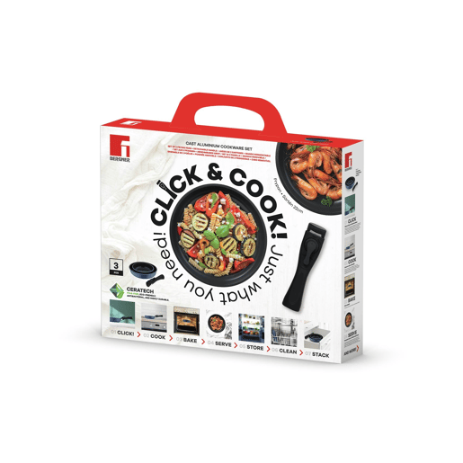 Conjunto de 2 frigideiras Bergner Click&Cook, Ø22Ø26cm, em alumínio fundido, azul, com cabo removível.
