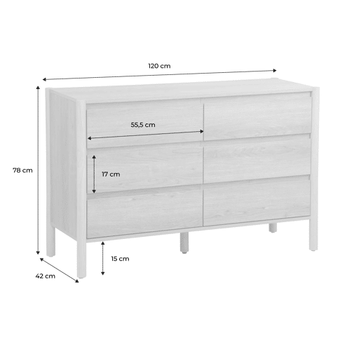 Cômoda decoração madeira de 6 gavetas, Harmony, Natural, 120x42x78 cm