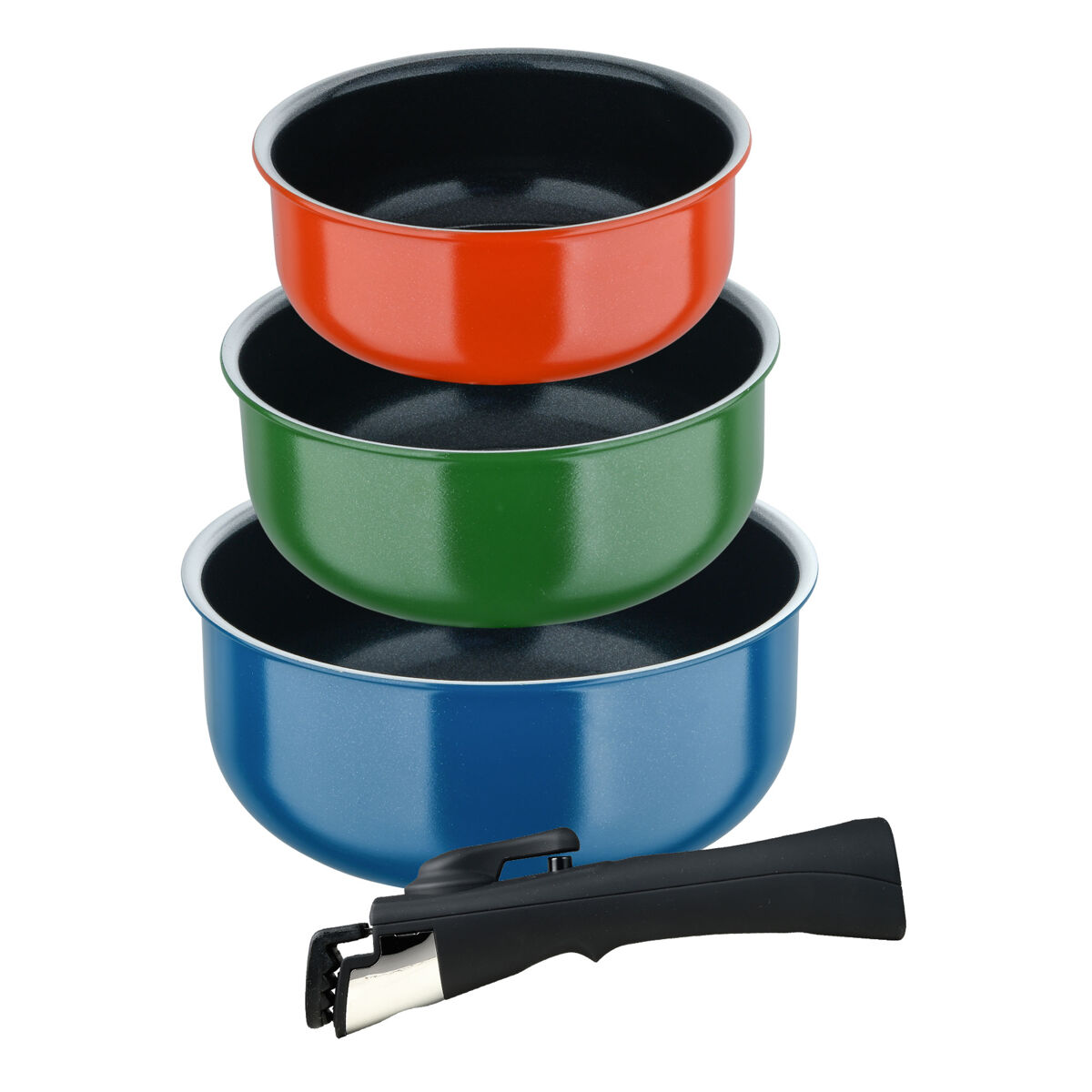 Bergner click&cook juego de 3 cazos ø16ø18ø20cm aluminio prensado en 3 colores + mango extraíble