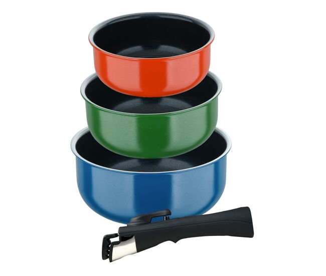 Bergner click&cook juego de 3 cazos ø16ø18ø20cm aluminio prensado en 3 colores + mango extraíble