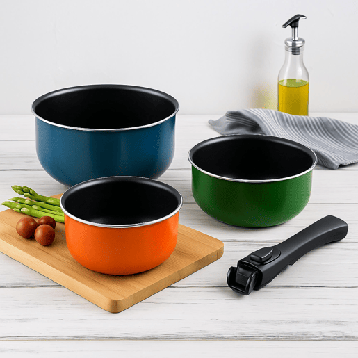 Conjunto de 3 panelas Bergner Click&Cook Ø16Ø18Ø20cm em alumínio prensado em 3 cores + cabo removível