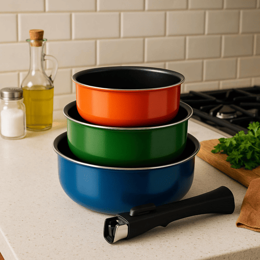 Conjunto de 3 panelas Bergner Click&Cook Ø16Ø18Ø20cm em alumínio prensado em 3 cores + cabo removível