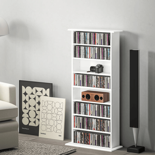 HOMCOM Estante para CDs e DVDs com 8 Compartimentos Prateleiras Ajustáveis para Sala Escritório 58x24x126,3 cm Branco