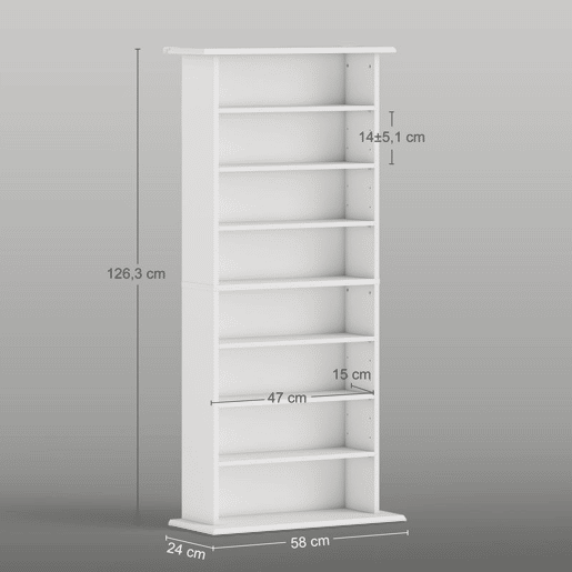 HOMCOM Estante para CDs e DVDs com 8 Compartimentos Prateleiras Ajustáveis para Sala Escritório 58x24x126,3 cm Branco
