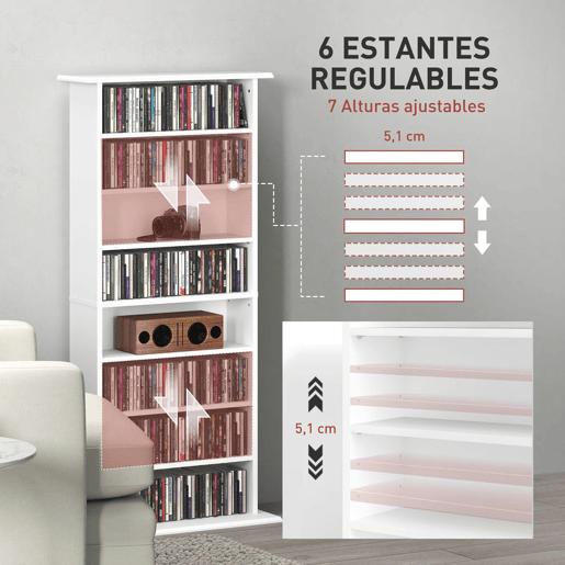HOMCOM Estante para CDs e DVDs com 8 Compartimentos Prateleiras Ajustáveis para Sala Escritório 58x24x126,3 cm Branco