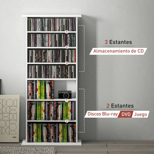 HOMCOM Estante para CDs e DVDs com 8 Compartimentos Prateleiras Ajustáveis para Sala Escritório 58x24x126,3 cm Branco