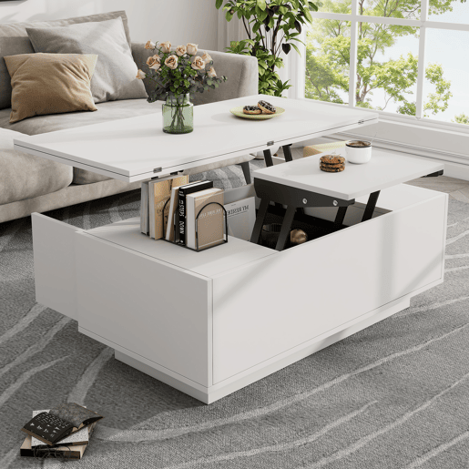 Mesa de centro moderna com mecanismo duplo elevável, arrumação oculta, suporta até 50 kg - Branco