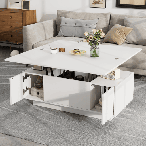 Mesa de centro moderna com mecanismo duplo elevável, arrumação oculta, suporta até 50 kg - Branco