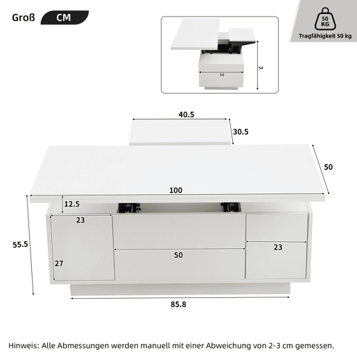 Mesa de centro moderna com mecanismo duplo elevável, arrumação oculta, suporta até 50 kg - Branco