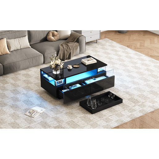 Mesa de centro 90x45x35,5 cm - Mesa de centro com tabuleiro, 2 gavetas, mesa de apoio em vidro temperado com luz LED - Preto
