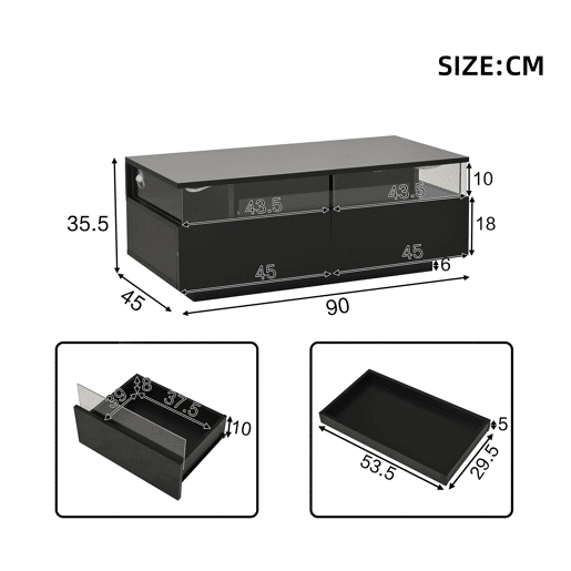 Mesa de centro 90x45x35,5 cm - Mesa de centro com tabuleiro, 2 gavetas, mesa de apoio em vidro temperado com luz LED - Preto