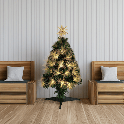 Árvore de Natal de fibra ótica, com 90 luzes LED brancas quentes e uma estrela. Árvore de Natal de fibra ótica, com 90 luzes LED brancas quentes e uma estrela.