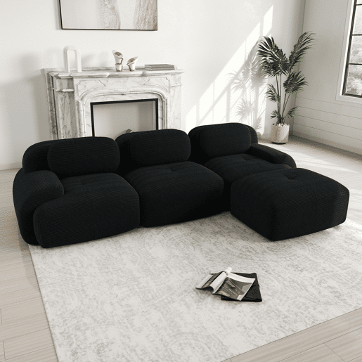 Sofá modular de canto - sem montagem, ergonómico e adequado para animais de estimação, com braços extra largos, almofada de espuma 32D - Preto