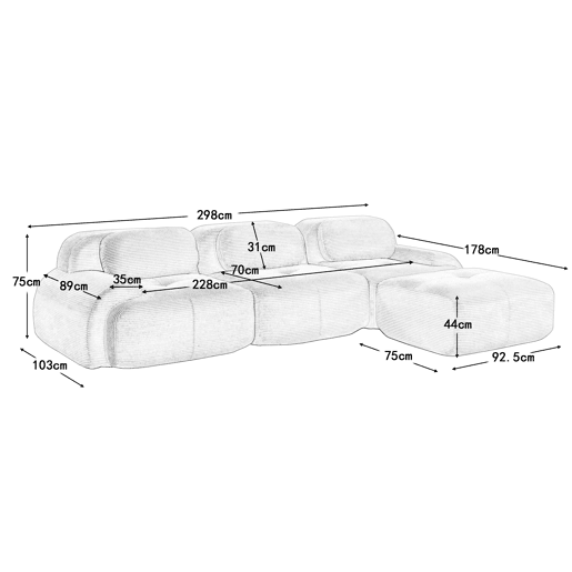 Sofá modular de canto - sem montagem, ergonómico e adequado para animais de estimação, com braços extra largos, almofada de espuma 32D - Preto