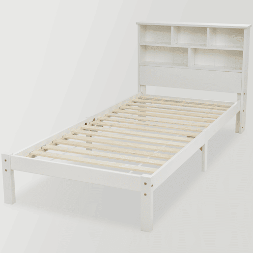 Cama individual 90x200 cm - Cama de madeira maciça com gavetas e estrado, estante, para jovens e adultos - Branco