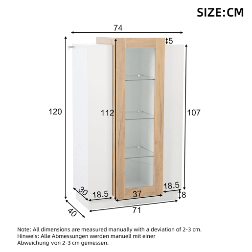 Móvel de sala 74x40x120 cm - Vitrine com 3 portas, LED, prateleira de vidro e gaveta - Alto brilho Móvel de sala 74x40x120 cm - Vitrine com 3 portas, LED, prateleira de vidro e gaveta - Alto brilho
