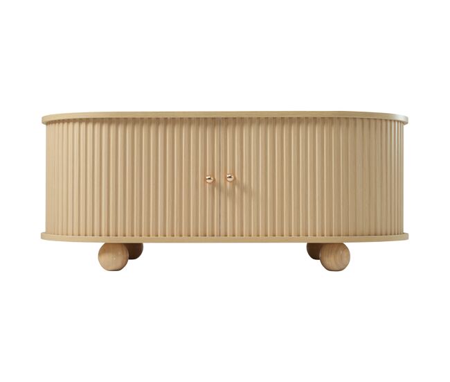 Mesa de centro ovalada con almacenamiento - mueble multifuncional con puertas correderas - color madera