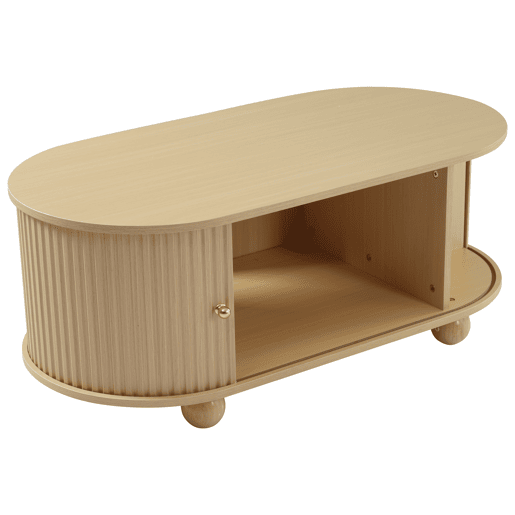 Mesa de centro ovalada com arrumação - Móvel multifuncional com portas de correr - Cor madeira