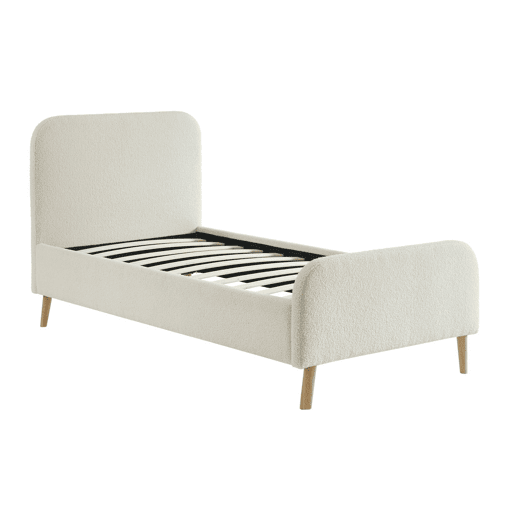 Cama com estrado e cabeceira estofada boucle, 90cm, Finn, Creme, 204x99x102 cm