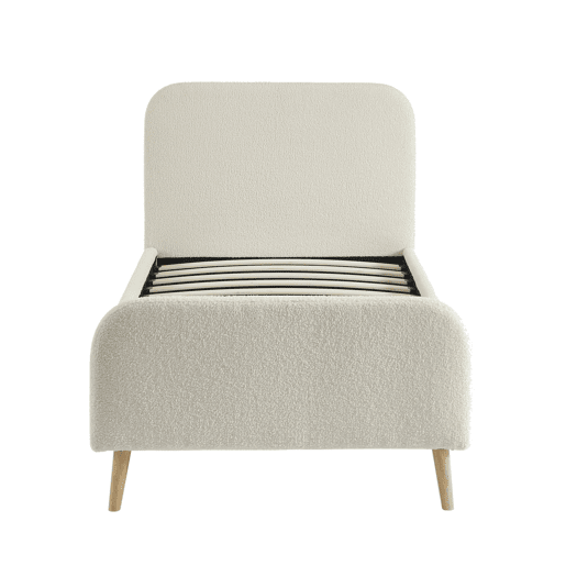 Cama com estrado e cabeceira estofada boucle, 90cm, Finn, Creme, 204x99x102 cm