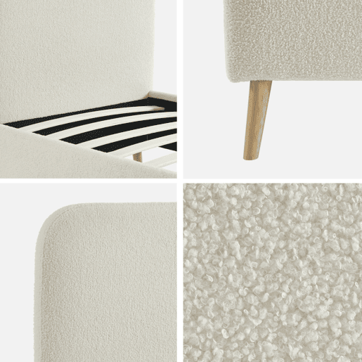 Cama com estrado e cabeceira estofada boucle, 90cm, Finn, Creme, 204x99x102 cm