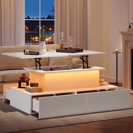 Mesa de centro moderna 90x55x41 cm - Com iluminação LED e 4 gavetas - Branco brilhante
