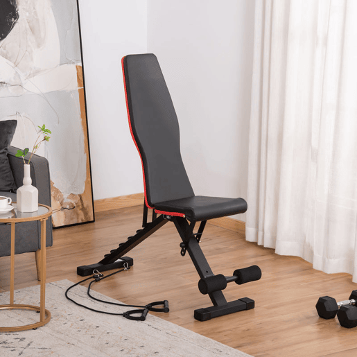 HOMCOM Banco de Musculação Dobrável Banco de Pesas Encosto e Assento Ajustáveis Extensão de Perna e Banda de Resistência para Treino Completo Ginásio em Casa 130x34x48-109 cm Preto HOMCOM Banco de Musculação Dobrável Banco de Pesas Encosto e Assento Ajustáveis Extensão de Perna e Banda de Resistência para Treino Completo Ginásio em Casa 130x34x48-109 cm Preto
