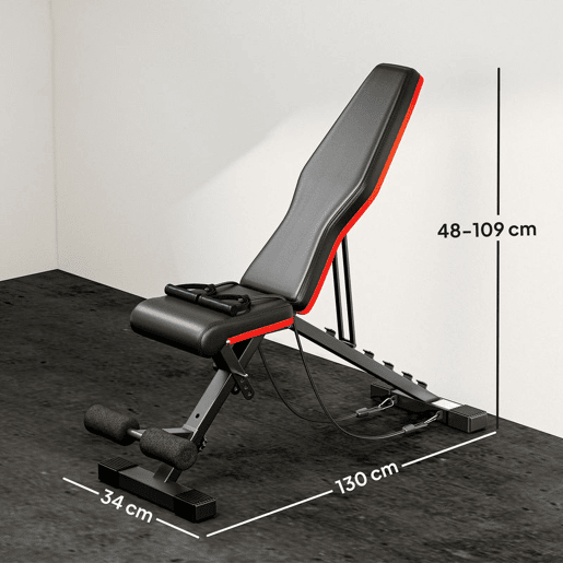 HOMCOM Banco de Musculação Dobrável Banco de Pesas Encosto e Assento Ajustáveis Extensão de Perna e Banda de Resistência para Treino Completo Ginásio em Casa 130x34x48-109 cm Preto HOMCOM Banco de Musculação Dobrável Banco de Pesas Encosto e Assento Ajustáveis Extensão de Perna e Banda de Resistência para Treino Completo Ginásio em Casa 130x34x48-109 cm Preto
