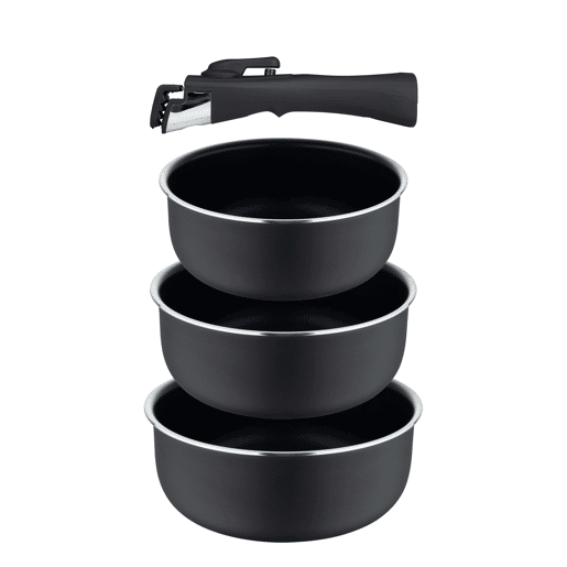 Conjunto de 3 panelas Bergner Click&Cook Ø16Ø18Ø20cm em alumínio prensado com indicador de temperatura + cabo removível, cor preta