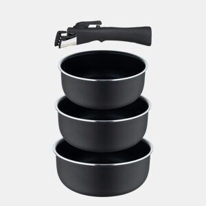 Conjunto de 3 panelas Bergner Click&Cook Ø16Ø18Ø20cm em alumínio prensado com indicador de temperatura + cabo removível, cor preta